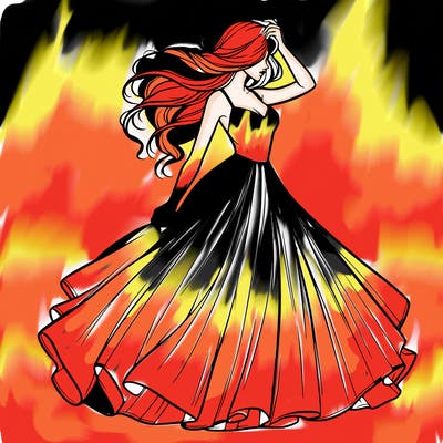 realistic woman with dress flowing in the wind