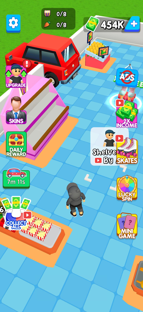 Mini Supermarket Grocery Shop - Vista dentro del juego de Mini Supermarket Grocery Shop con un personaje y mejoras de la tienda.