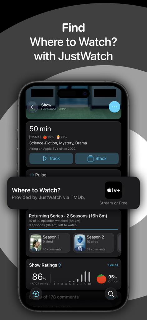 Rippple for Trakt app screen showing where to stream the TV show Severance via JustWatch integration