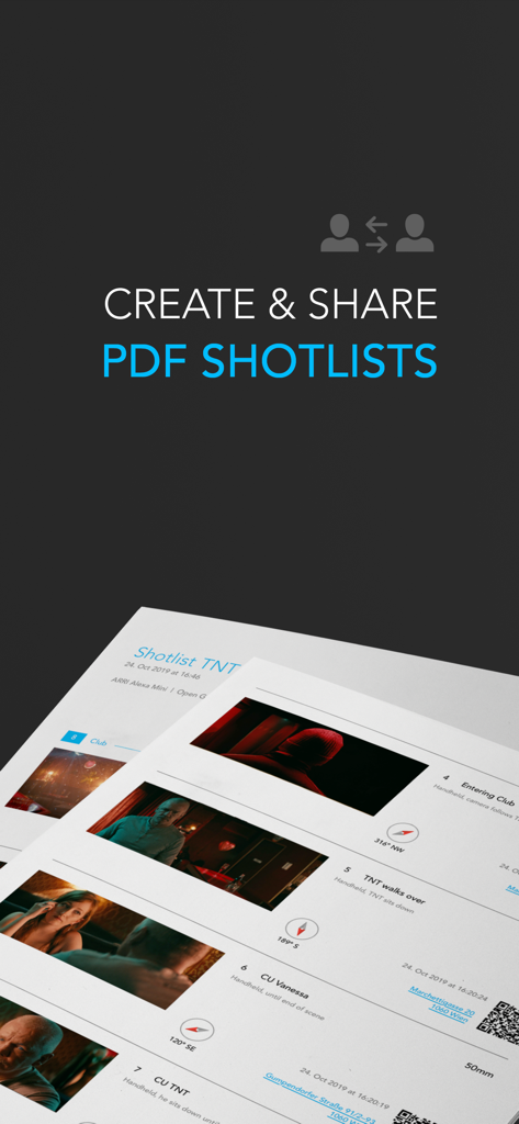 Un documento professionale di shotlist in PDF generato dall'app Cadrage che mostra angolazioni della telecamera e dettagli tecnici