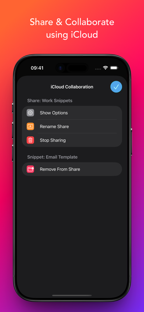 Snippety - Snippets Manager - Interface para compartilhar e colaborar em snippets usando o iCloud dentro do aplicativo Snippety.