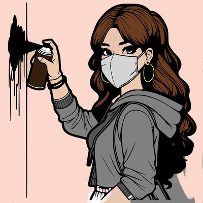 realistic girl with mask spray painting a wall