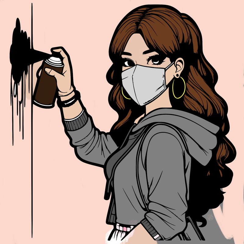 realistic girl with mask spray painting a wall