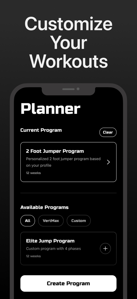 Captura de pantalla de la aplicación VertMax que muestra el planificador de entrenamientos con programas de entrenamiento de salto vertical como el Saltador de 2 Pies y el Programa de Salto de Élite.
