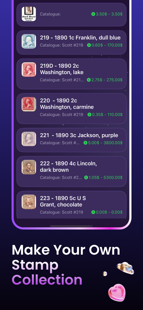 Mobile app screen showing a digital stamp collection with catalog details and estimated market values.