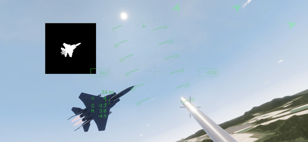 Heads up display of a missile locking onto a fighter jet in a military simulation game