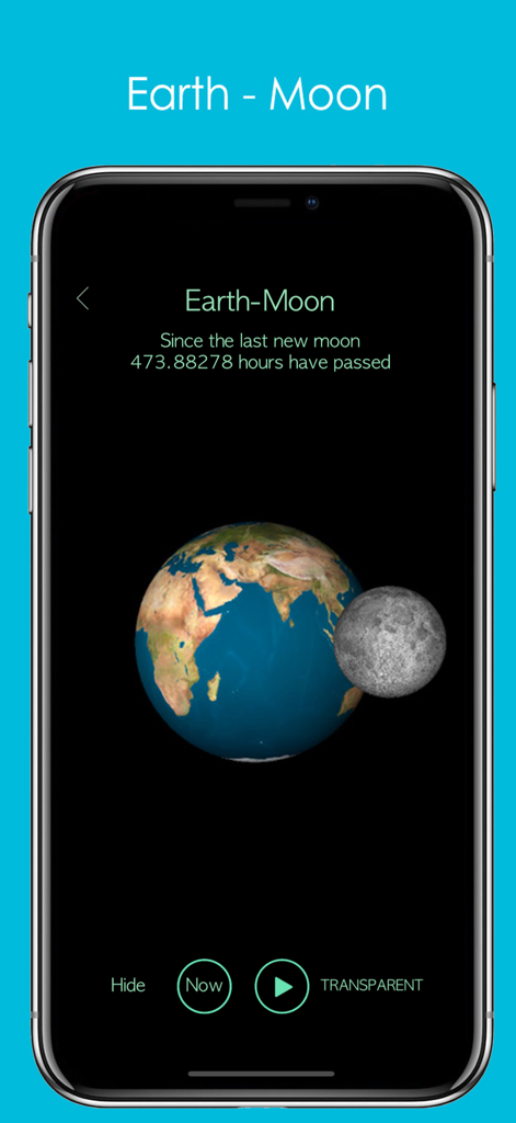 Visualização 3D da Terra e da Lua mostrando o tempo decorrido desde a última lua nova