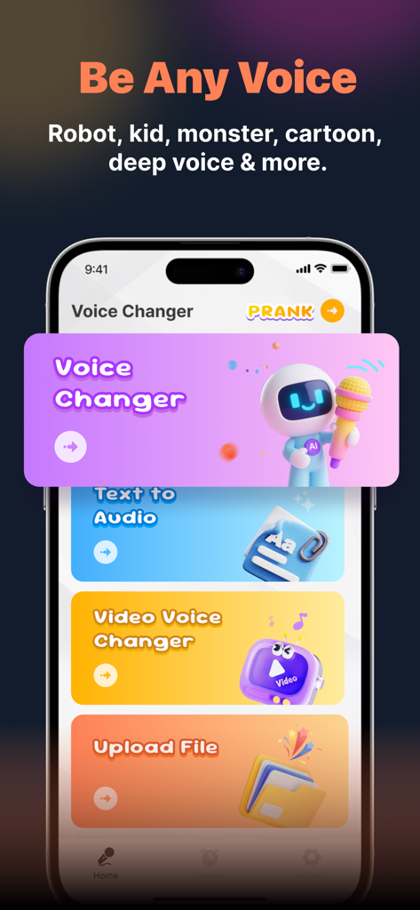 Jolly Prank: Santa & Fun Voice - Smartphone screen showing Jolly Prank app interface with options for Voice Changer Text to Audio and Video Voice Changer featuring a cartoon robot.