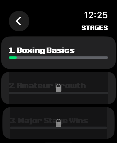 Punch Logger app training stages screen on Apple Watch
