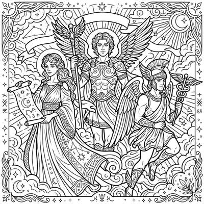 Unleash your creativity with this magnificent coloring page featuring powerful divine messengers from ancient myths. Explore a world of gods and goddesses, celestial symbols, and intricate details awaiting your artistic touch.