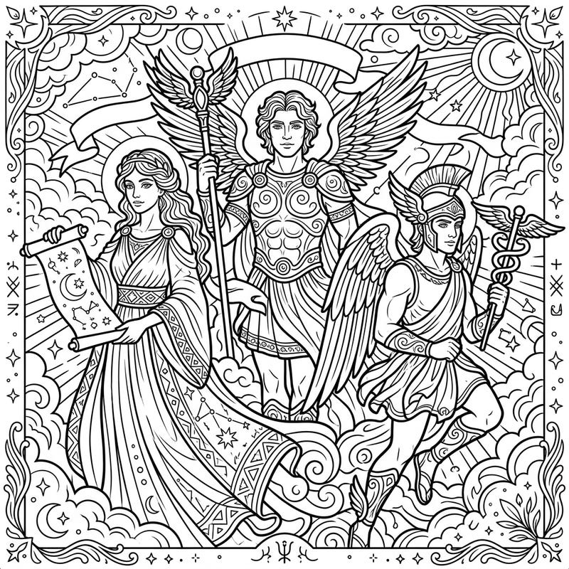 Unleash your creativity with this magnificent coloring page featuring powerful divine messengers from ancient myths. Explore a world of gods and goddesses, celestial symbols, and intricate details awaiting your artistic touch.