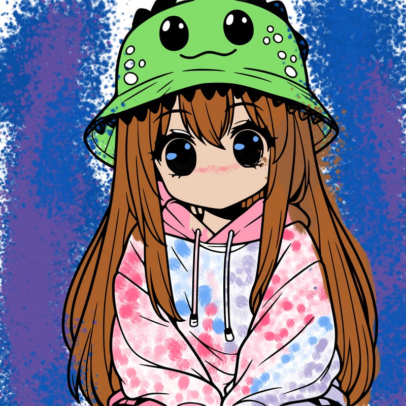 girl with anime shaped eyes with a dinosaur bucket hat oversized sweatshirt long straight hair