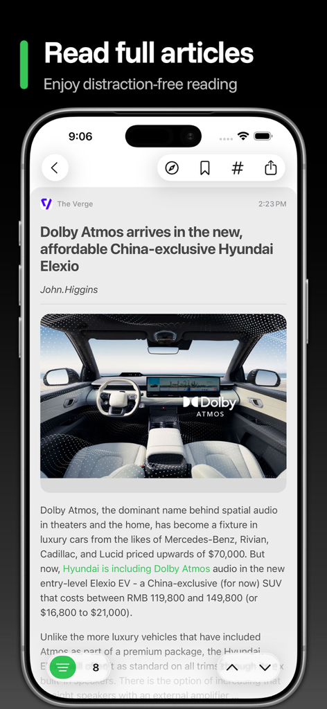 Ein vollständiges, ablenkungsfreies Leseerlebnis für Artikel in der Newsbin RSS-Reader-App.