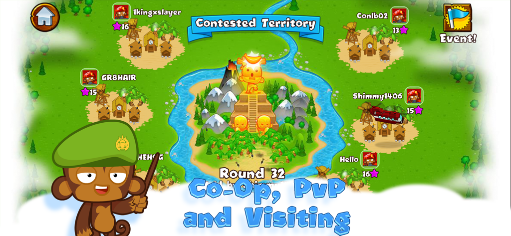 Captura de pantalla de Bloons Monkey City mostrando el mapa de Territorio Disputado con JcJ social y funciones de visita