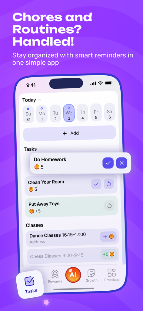 DragonFamily: Chores & Rewards - DragonFamily app interface showing a daily schedule with chores routines and class reminders for kids