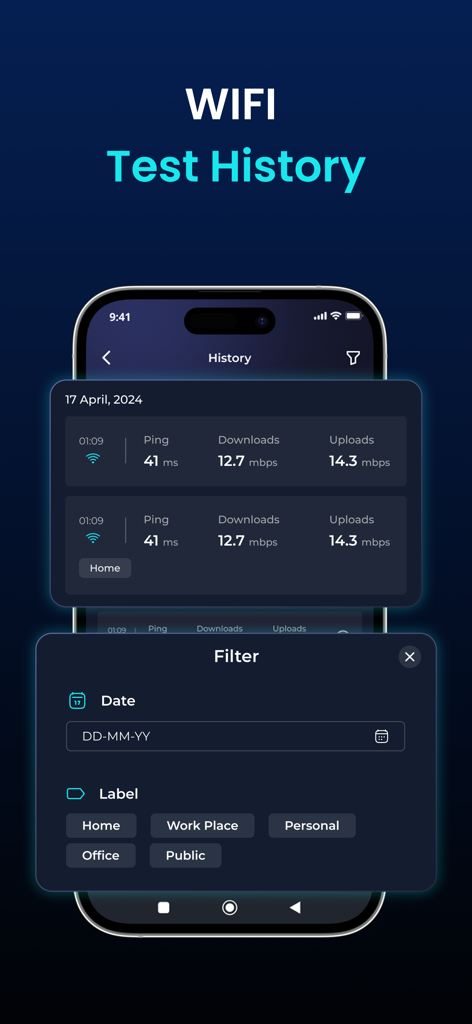 日付とラベルのフィルタリングオプションがあるWiFiスピードテスト履歴ログ。