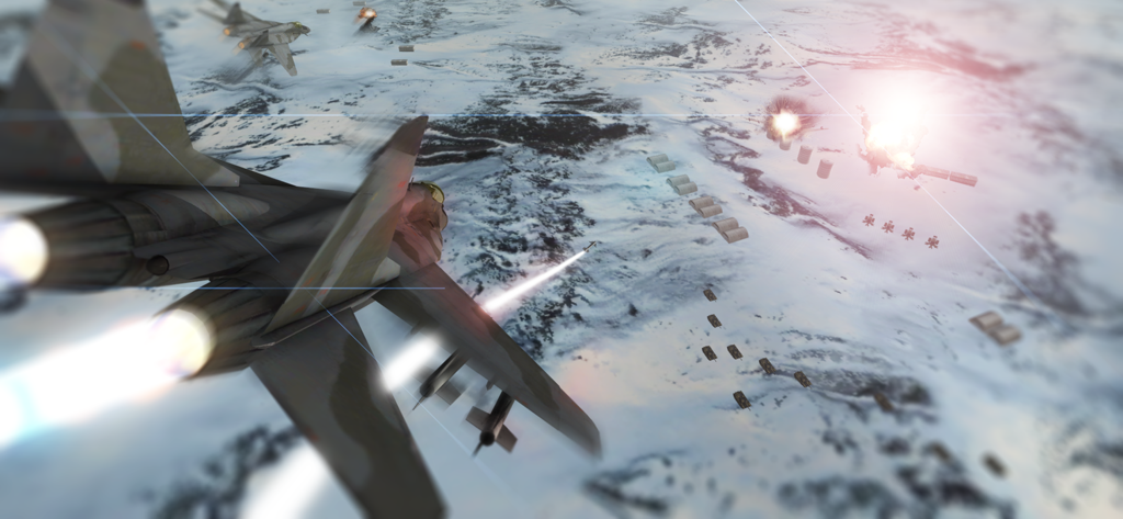 Jet da combattimento che colpisce bersagli a terra su un paesaggio innevato in AirFighters