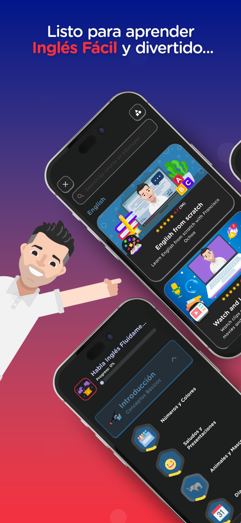 Inglés Fácil - Francisco Ochoa - Interface of the Ingles Facil app featuring Francisco Ochoa pointing to English learning courses on a smartphone screen