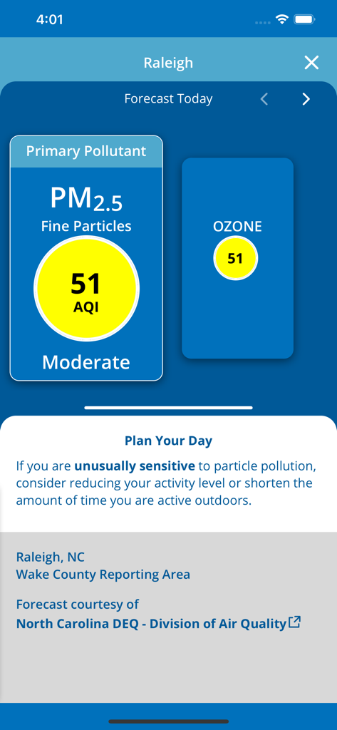 EPA AIRNow - El pronóstico del índice de calidad del aire para Raleigh, Carolina del Norte, muestra niveles moderados de PM2.5 y ozono en la aplicación móvil EPA AIRNow.