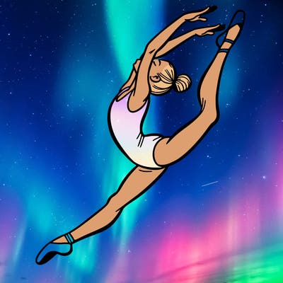 gymnast doing a leap in a leotard with a bent back leg