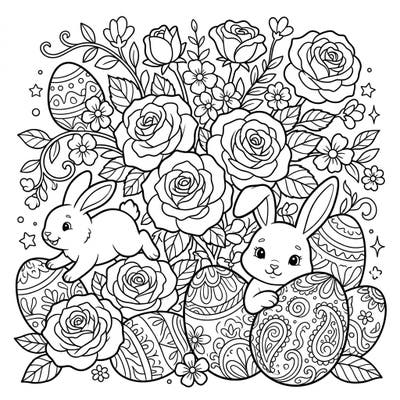 Hop into spring with this enchanting Easter coloring page, featuring two adorable bunnies amidst a lush garden of roses and intricately decorated eggs. It's the perfect creative activity for a joyful Easter celebration.