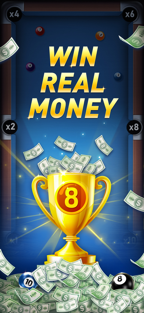 Pool Cash - 8 Ball Game - Promotional graphic for Pool Cash 8 Ball Game showing a gold trophy surrounded by cash with the text Win Real Money
