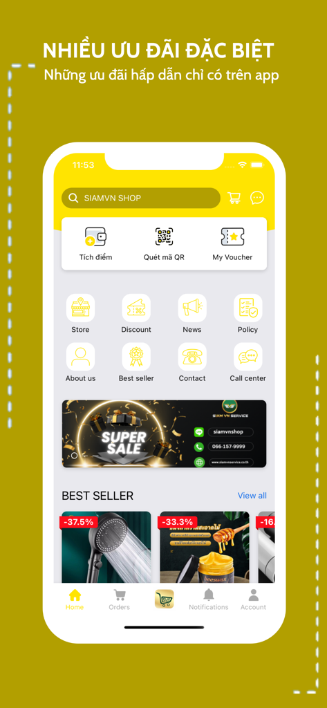 SiamVn Store - Tela inicial do aplicativo SiamVn Store apresentando ofertas especiais e produtos de varejo mais vendidos