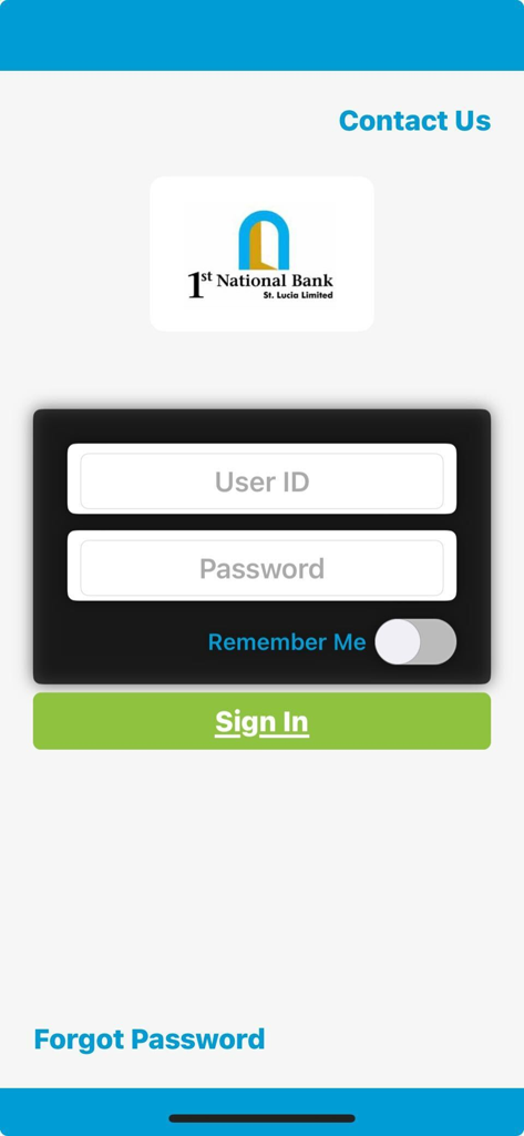 1st National Bank - Login screen for the 1st National Bank St Lucia mobile app featuring user ID and password fields