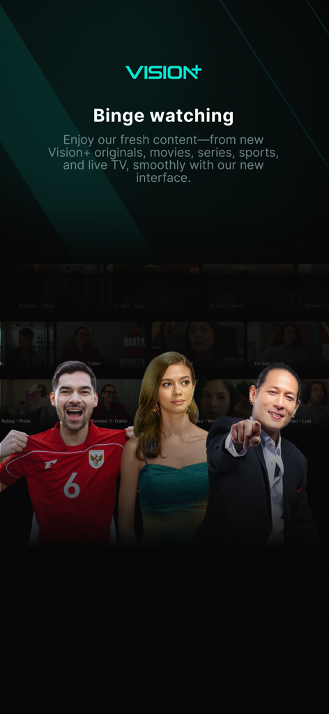 VISION+ - Vision Plus app screen showcasing binge watching for Indonesian sports and entertainment.