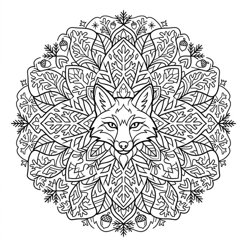 Embrace the serene beauty of winter with this captivating fox mandala coloring page. Its intricate design, blending the clever fox with frosty elements, offers a delightful escape for colorists of all ages.