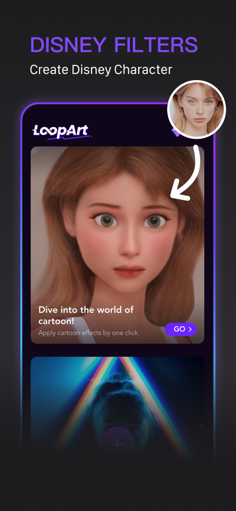 LoopArt - 3D Photo & Morph - LoopArt 앱 인터페이스, 디즈니 필터 기능이 실제 초상화를 만화 캐릭터로 변환하는 모습을 보여줌