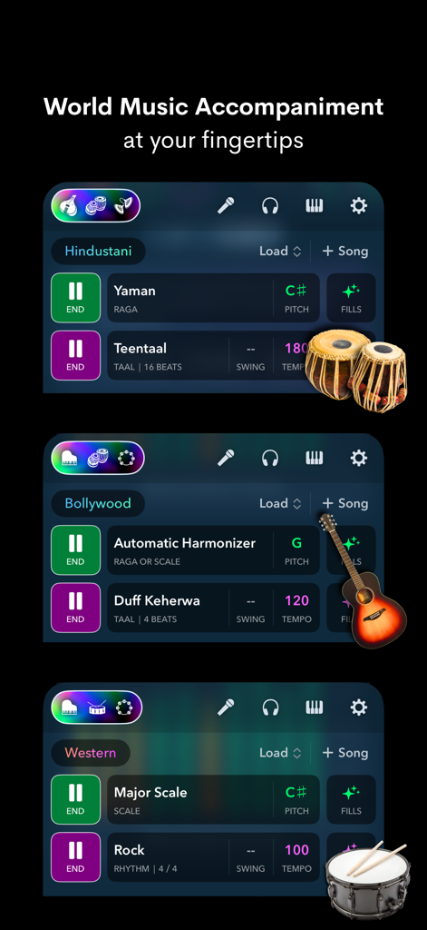NaadSadhana | Sing Play Record - ヒンドゥスターニー、ボリウッド、西洋音楽の設定が表示されたNaadSadhanaアプリのインターフェース。