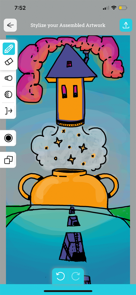 DrawnTogether - A mobile app screen titled Stylize your Assembled Artwork featuring a collaborative surrealist drawing of a house and smoke with digital art tools