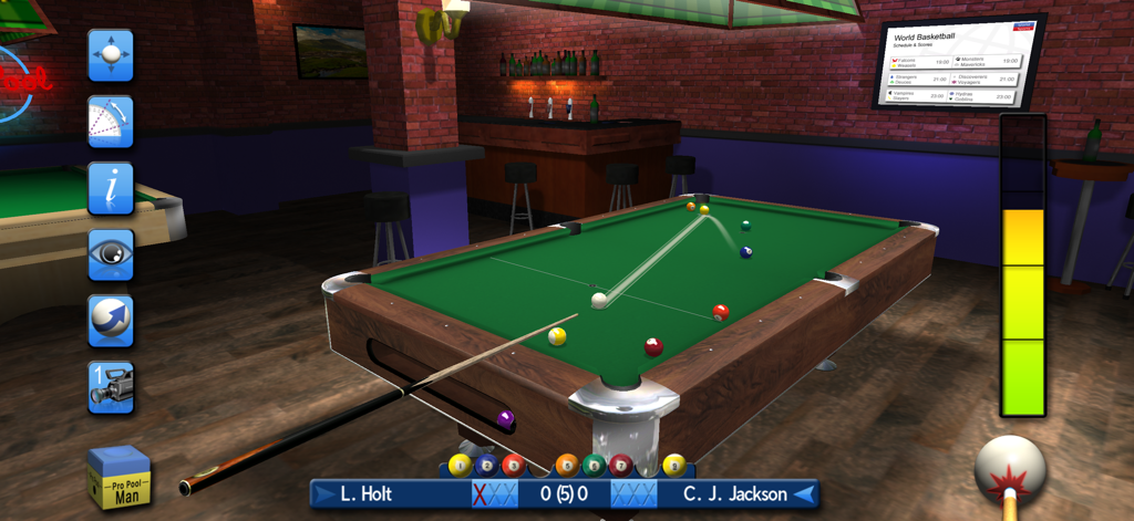 Pro Snooker & Pool 2026 - A realistic 3D pool game simulation showing a cue stick aiming at a white ball on a green table with trajectory lines in a pub setting.