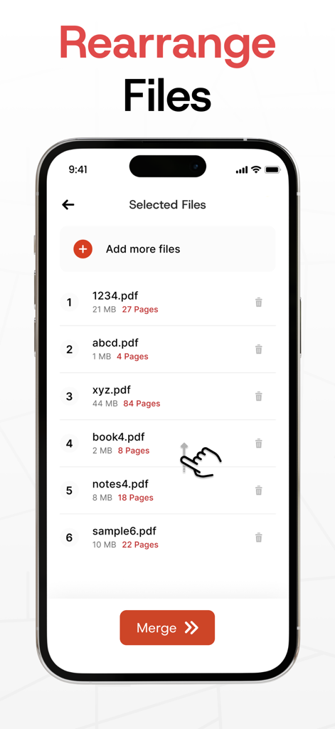 Merge PDF Files－Split PDF Docs - Oberfläche, die dem Benutzer eine Liste von PDF-Dokumenten vor dem Zusammenführen in eine einzige Datei zeigt