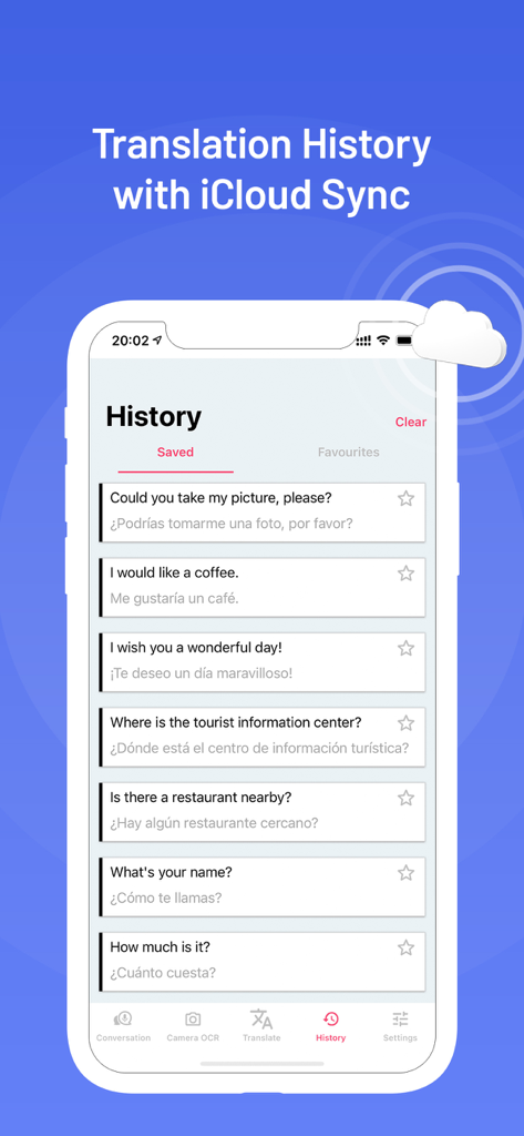Captura de tela do app Translator X PRO mostrando histórico de tradução com sincronização do iCloud
