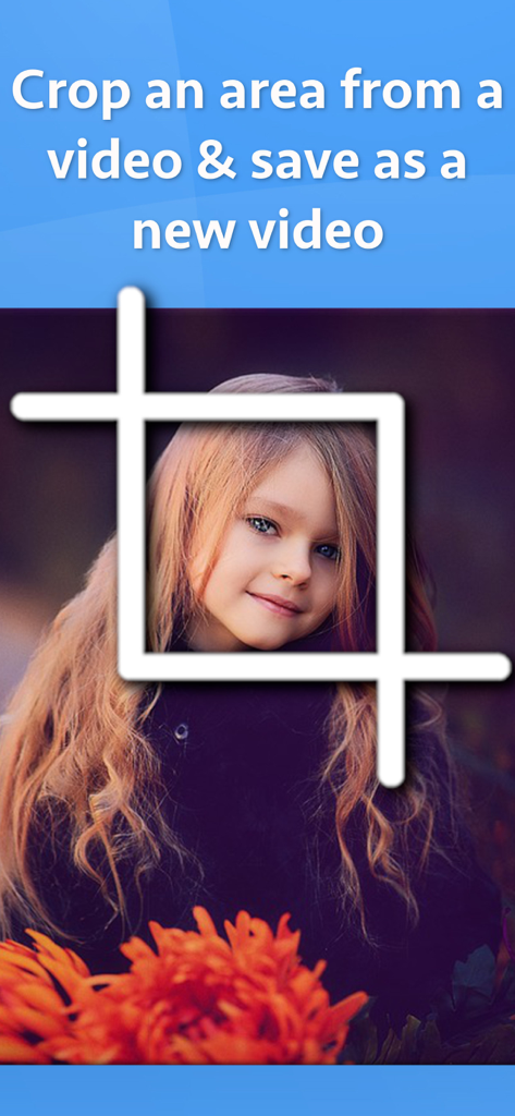 Video Cropper Premium - Screenshot of Video Cropper Premium showing a crop frame over a video of a young girl with instructions to save as a new video.