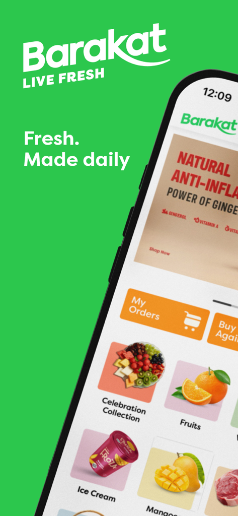 Barakat: Grocery Home Delivery - Interfaz de la aplicación móvil Barakat mostrando categorías de comestibles frescos y opciones de entrega a domicilio