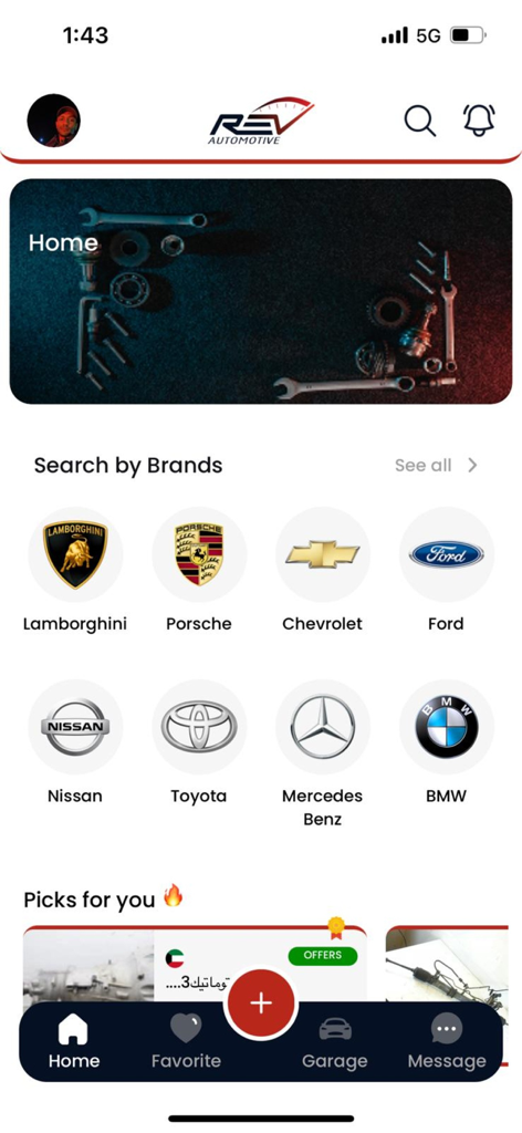 Rev Automotive app home screen displaying car brand search icons and navigation menu