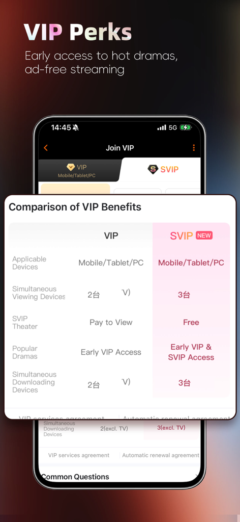 Pantalla de la aplicación móvil MangoTV comparando los beneficios y ventajas de las membresías VIP y SVIP