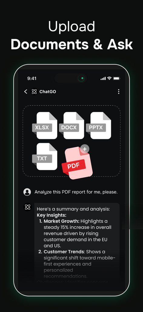 ChatGO: AI Chat 5.0 Assistant - Oberfläche der ChatGO-App, die verschiedene Dokumentendateiformate und eine zusammenfassende Analyse eines PDF-Berichts zeigt