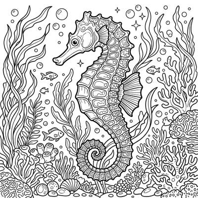 Immerse yourself in the beauty of the ocean with this captivating common seahorse coloring page. Perfect for teens, its intricate details and vibrant marine life await your creative touch.
