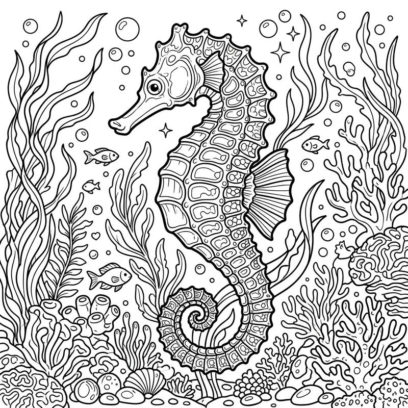 Immerse yourself in the beauty of the ocean with this captivating common seahorse coloring page. Perfect for teens, its intricate details and vibrant marine life await your creative touch.