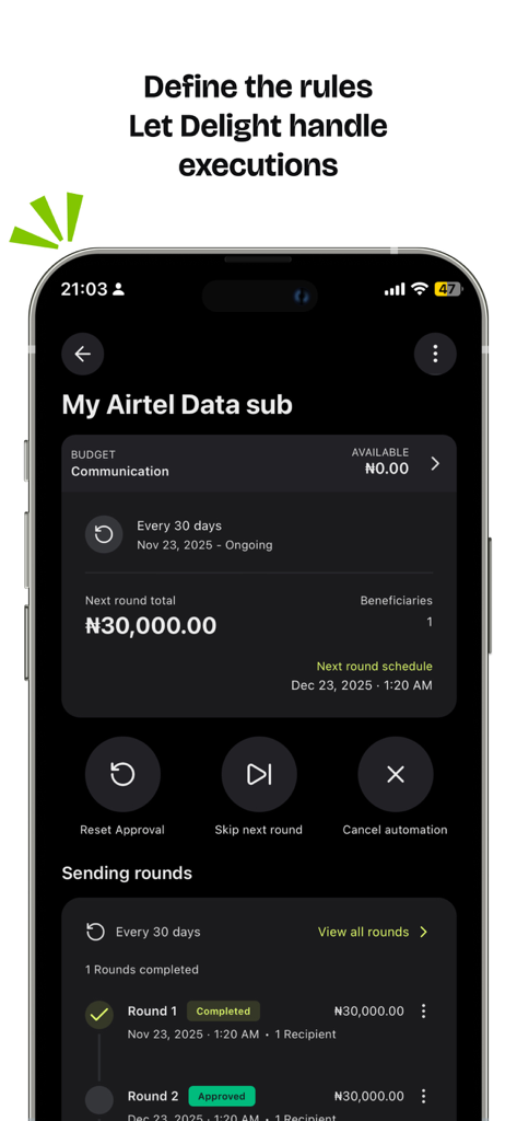 Delight: Plan, spend and grow - The automated payment management screen in the Delight app showing a recurring data subscription schedule and transaction history
