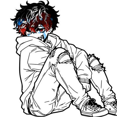 a male hoddie ripped jeans messy hair anime