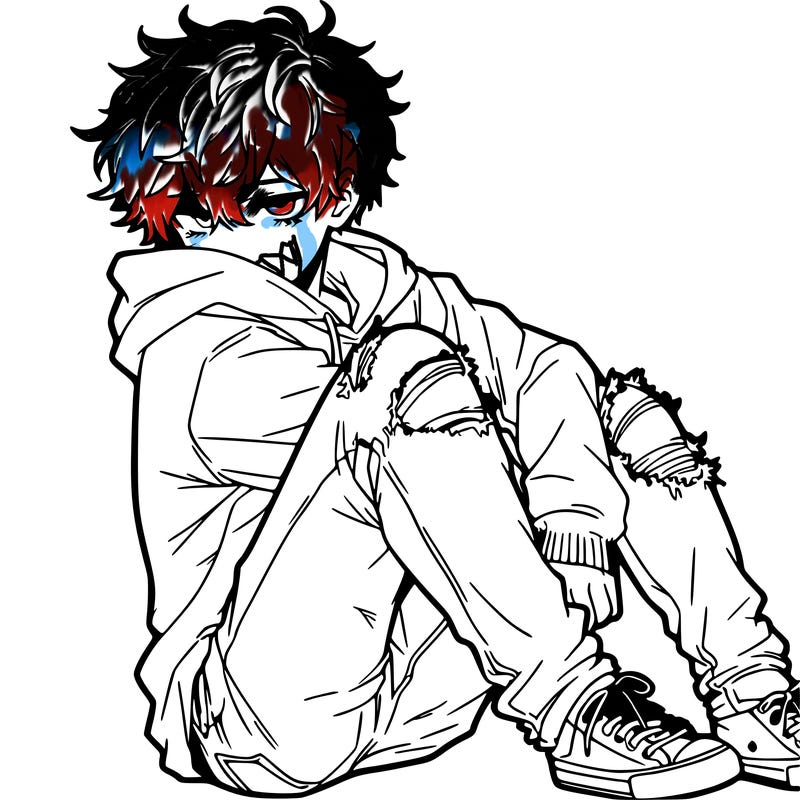 a male hoddie ripped jeans messy hair anime