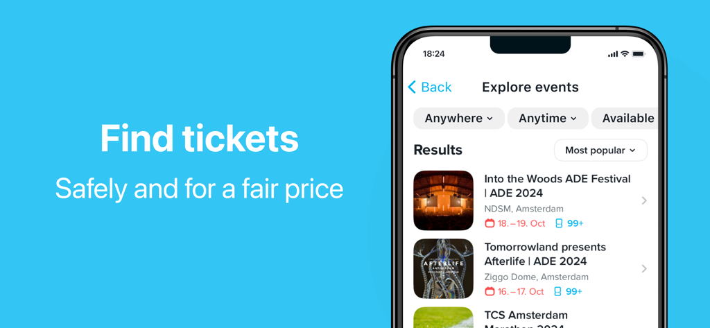 TicketSwap mobile app showing event listings for music festivals and concerts.
