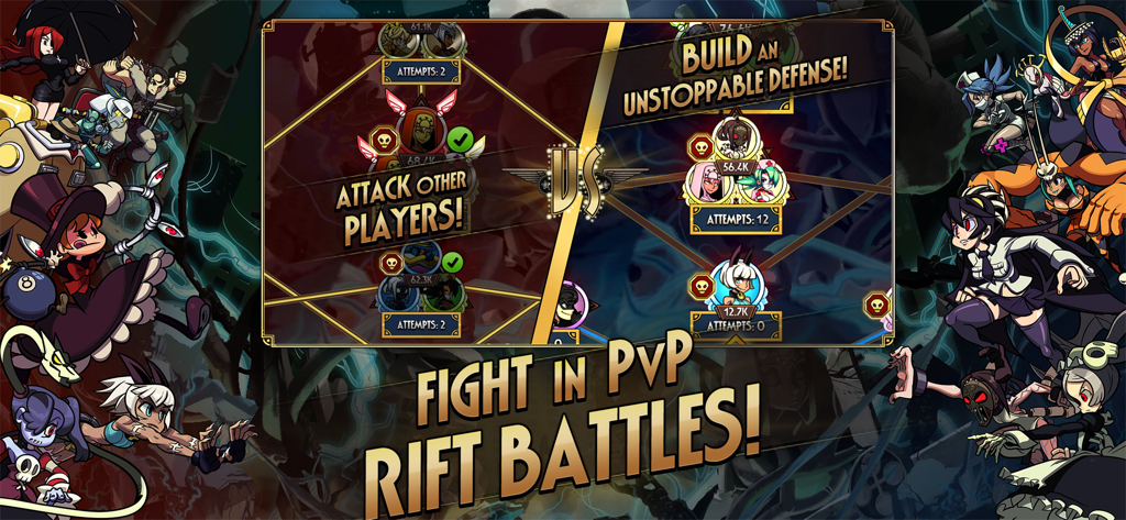 Skullgirls Kampf-RPG Gameplay-Bildschirm, der den PvP-Rift-Battles-Modus mit Charakterporträts und Verteidigungsstrategie-Optionen zeigt.