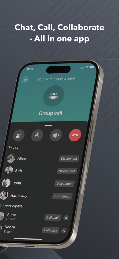 Signet - Interface of the Signet app showing an end-to-end encrypted group call with multiple participants on an iPhone.