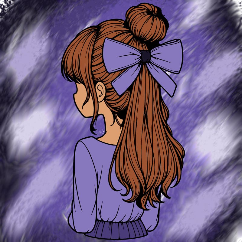realistic girl  with hip length hair a bun and a big bow on the back of head